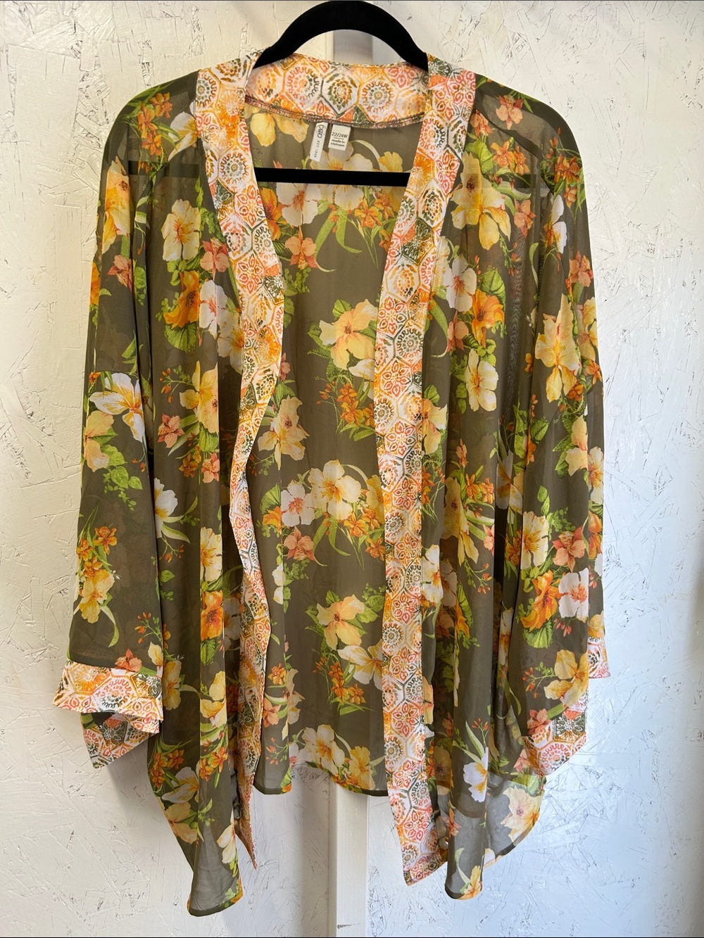 Cato Olive Sheer Floral Kimono with Yellow & Peach Accents